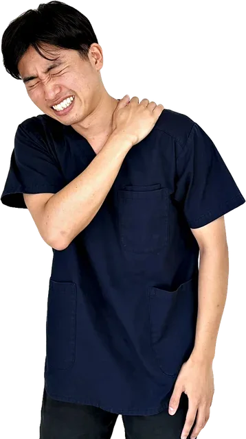 肩に手を当ててつらそうにする人